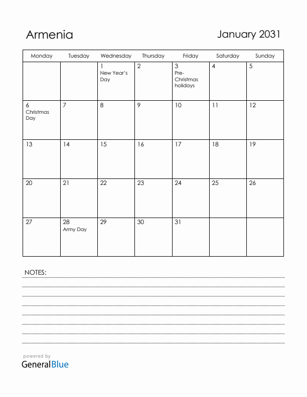 January 2031 Armenia Calendar with Holidays (Monday Start)