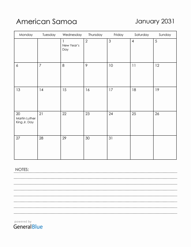 January 2031 American Samoa Calendar with Holidays (Monday Start)
