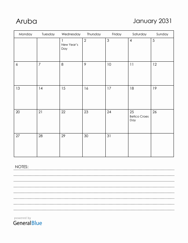 January 2031 Aruba Calendar with Holidays (Monday Start)