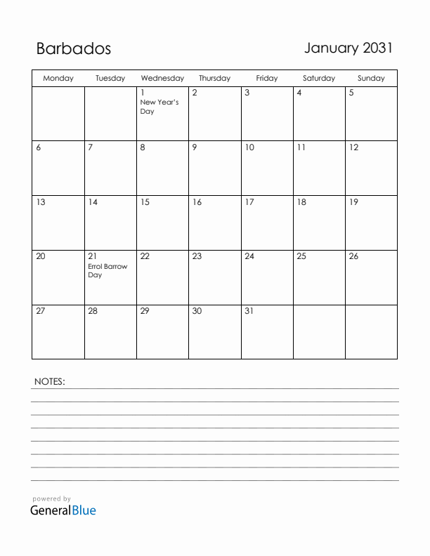 January 2031 Barbados Calendar with Holidays (Monday Start)