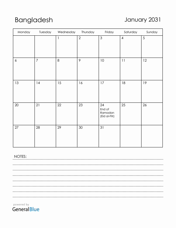 January 2031 Bangladesh Calendar with Holidays (Monday Start)