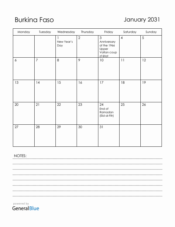 January 2031 Burkina Faso Calendar with Holidays (Monday Start)