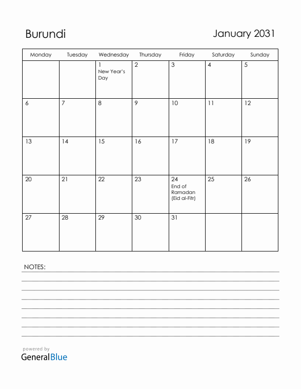 January 2031 Burundi Calendar with Holidays (Monday Start)