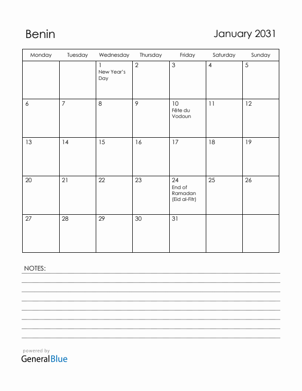 January 2031 Benin Calendar with Holidays (Monday Start)