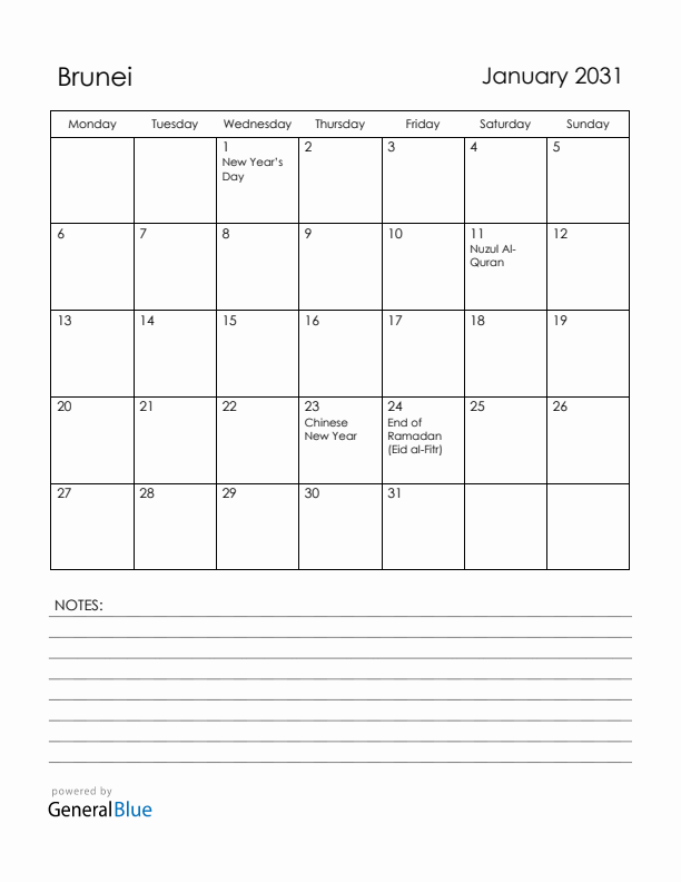 January 2031 Brunei Calendar with Holidays (Monday Start)