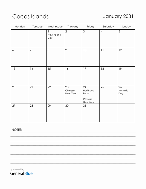 January 2031 Cocos Islands Calendar with Holidays (Monday Start)