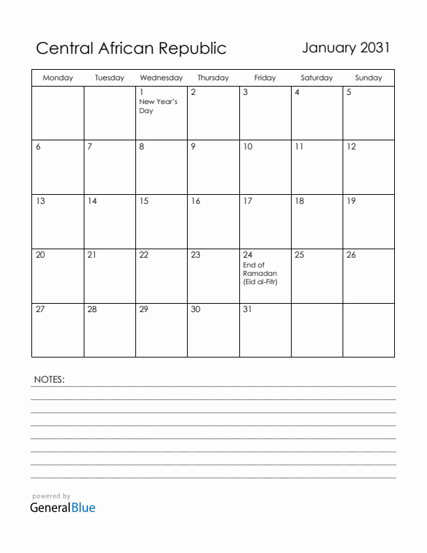 January 2031 Central African Republic Calendar with Holidays (Monday Start)