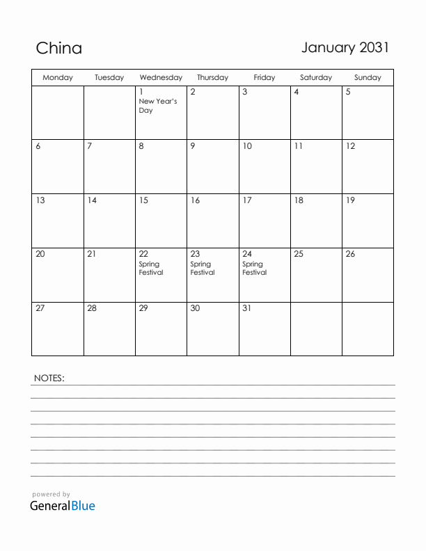 January 2031 China Calendar with Holidays (Monday Start)