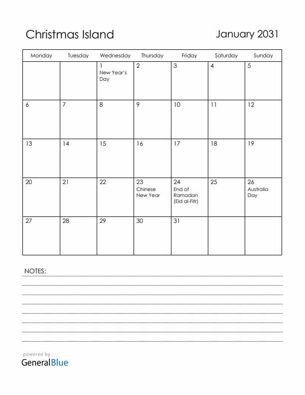 January 2031 Christmas Island Calendar with Holidays (Monday Start)