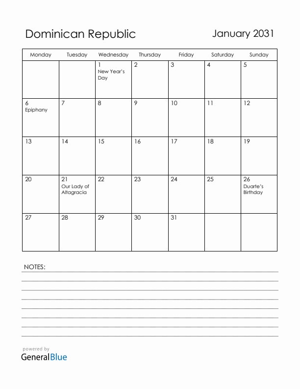 January 2031 Dominican Republic Calendar with Holidays (Monday Start)