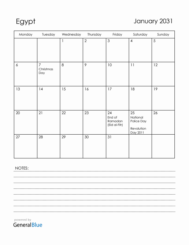 January 2031 Egypt Calendar with Holidays (Monday Start)