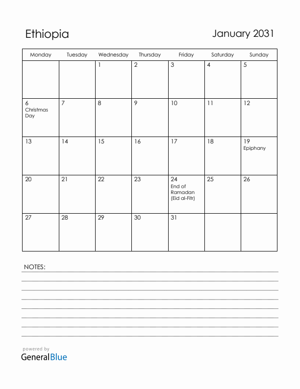 January 2031 Ethiopia Calendar with Holidays (Monday Start)