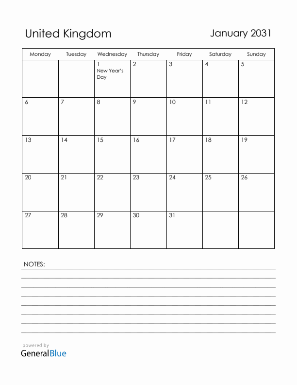 January 2031 United Kingdom Calendar with Holidays (Monday Start)