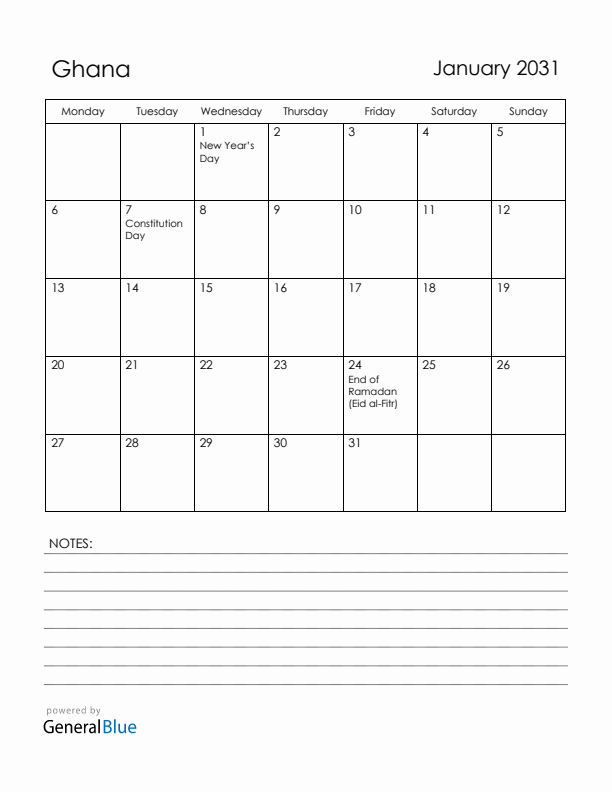 January 2031 Ghana Calendar with Holidays (Monday Start)