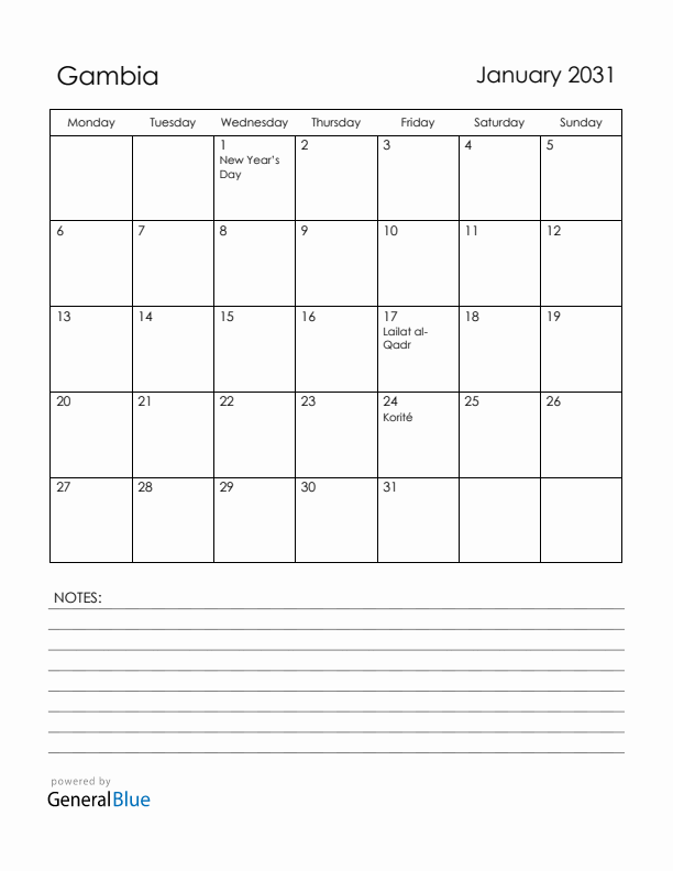 January 2031 Gambia Calendar with Holidays (Monday Start)