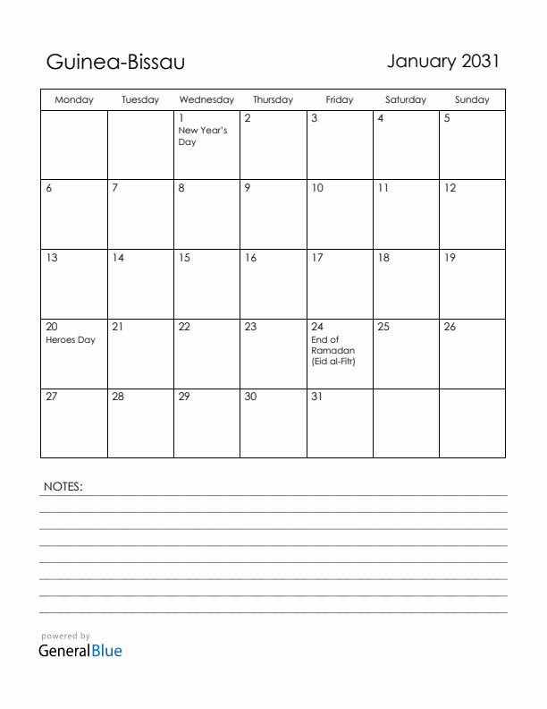 January 2031 Guinea-Bissau Calendar with Holidays (Monday Start)