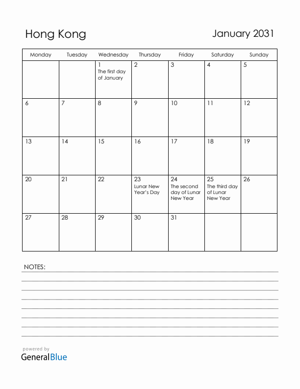 January 2031 Hong Kong Calendar with Holidays (Monday Start)