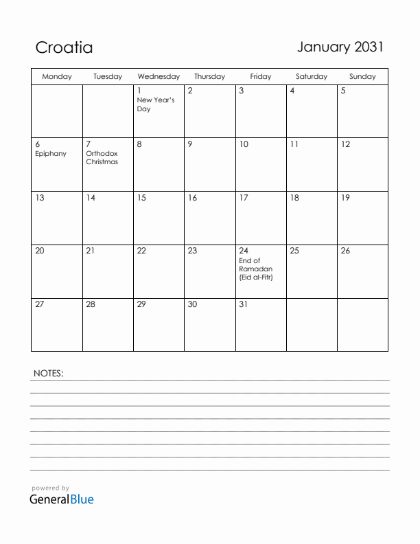 January 2031 Croatia Calendar with Holidays (Monday Start)