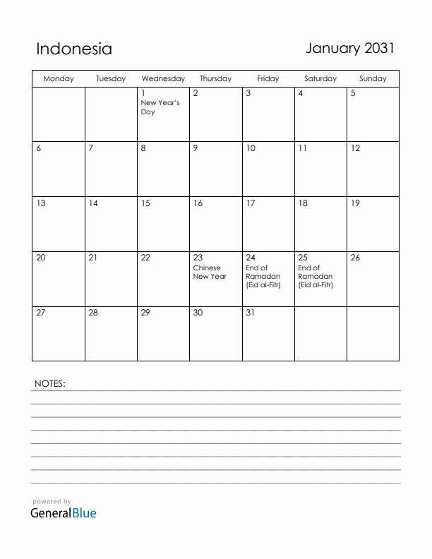 January 2031 Indonesia Calendar with Holidays (Monday Start)