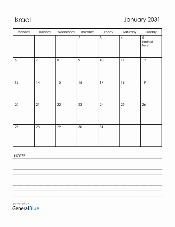 January 2031 Israel Calendar with Holidays (Monday Start)