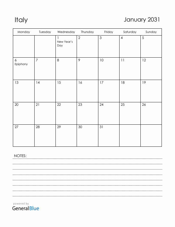 January 2031 Italy Calendar with Holidays (Monday Start)