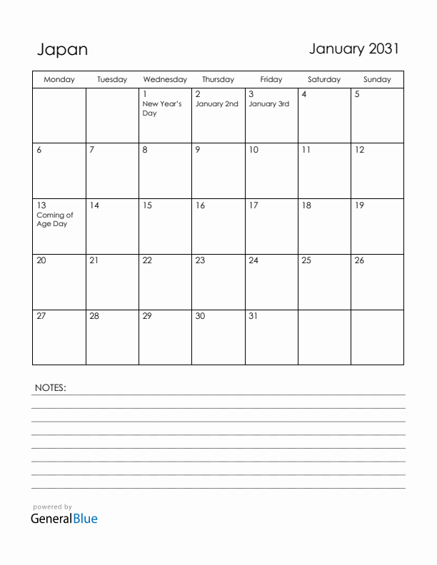 January 2031 Japan Calendar with Holidays (Monday Start)
