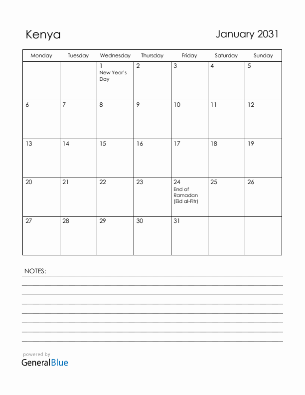 January 2031 Kenya Calendar with Holidays (Monday Start)