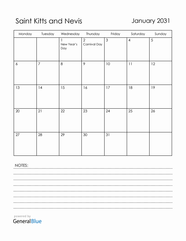 January 2031 Saint Kitts and Nevis Calendar with Holidays (Monday Start)