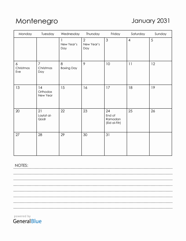 January 2031 Montenegro Calendar with Holidays (Monday Start)