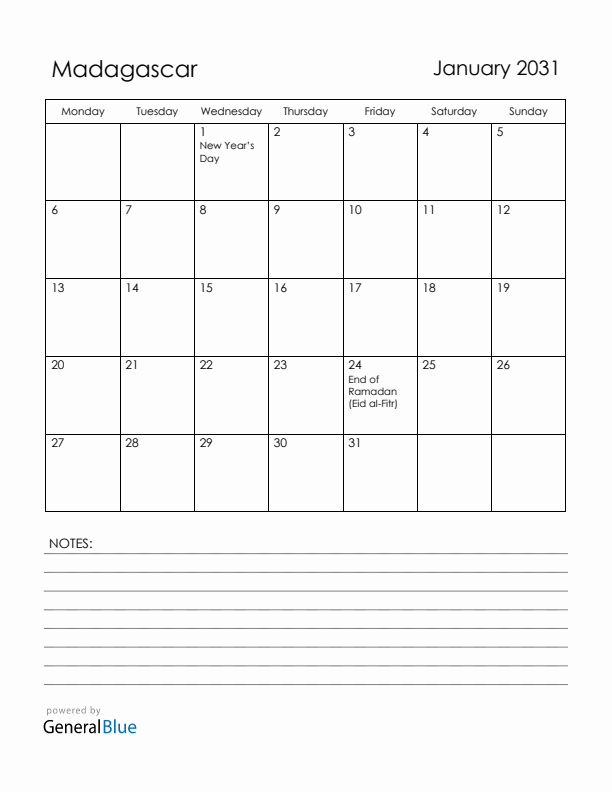 January 2031 Madagascar Calendar with Holidays (Monday Start)
