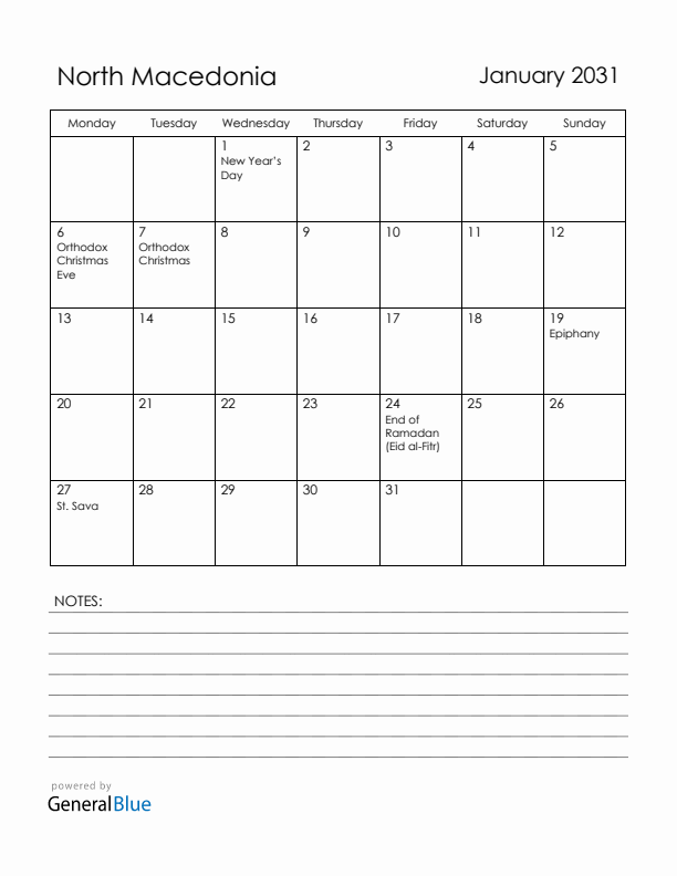 January 2031 North Macedonia Calendar with Holidays (Monday Start)