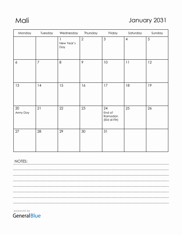 January 2031 Mali Calendar with Holidays (Monday Start)
