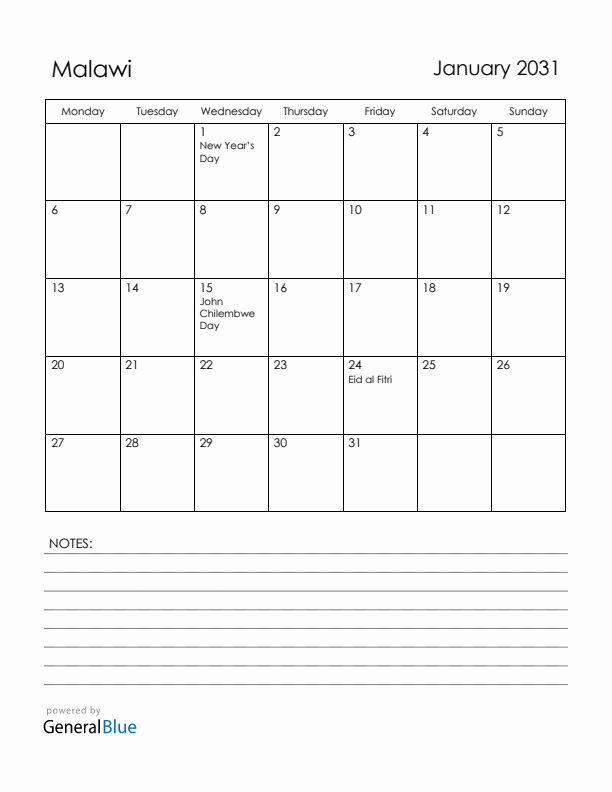 January 2031 Malawi Calendar with Holidays (Monday Start)