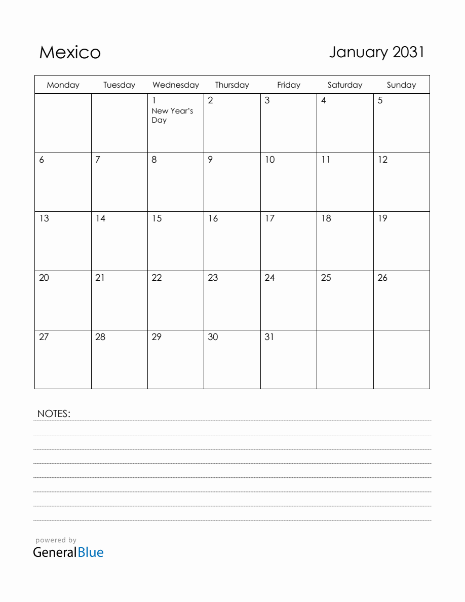 January 2031 Mexico Calendar with Holidays
