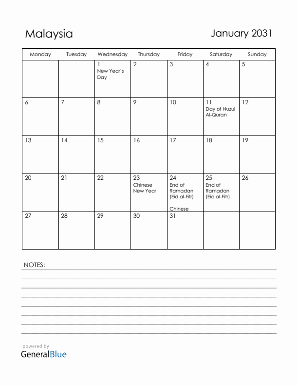 January 2031 Malaysia Calendar with Holidays (Monday Start)