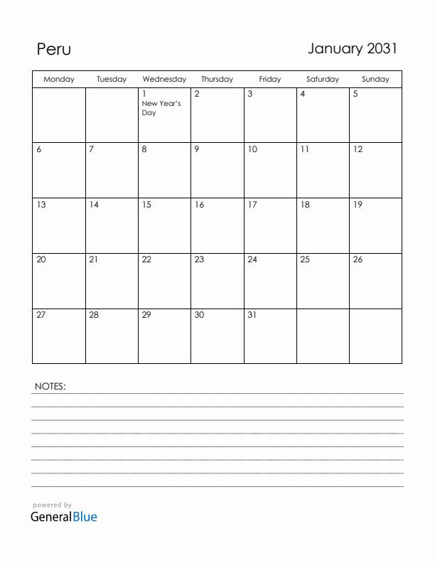 January 2031 Peru Calendar with Holidays (Monday Start)