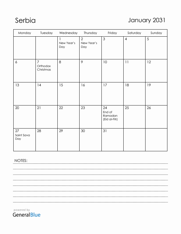 January 2031 Serbia Calendar with Holidays (Monday Start)