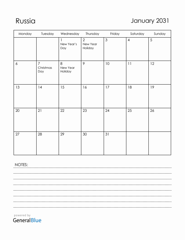 January 2031 Russia Calendar with Holidays (Monday Start)