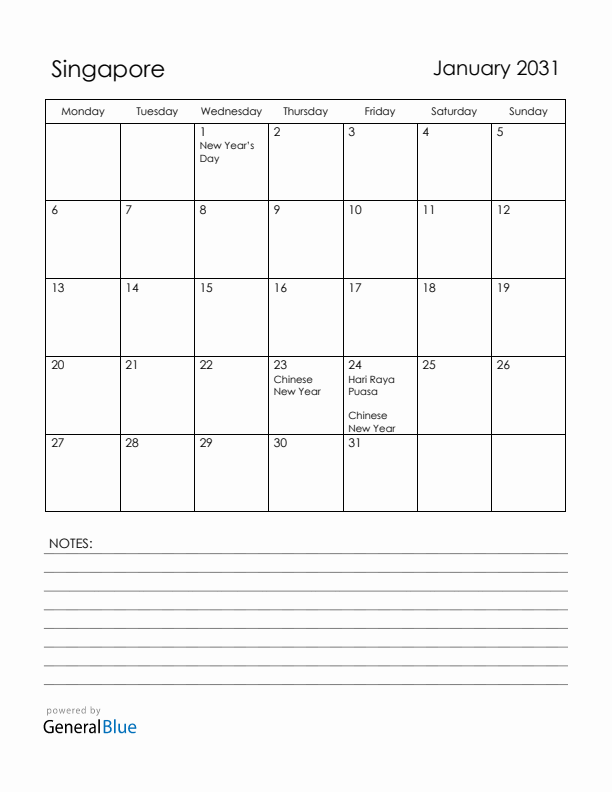 January 2031 Singapore Calendar with Holidays (Monday Start)
