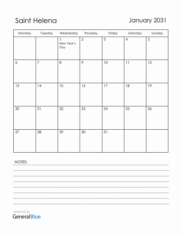 January 2031 Saint Helena Calendar with Holidays (Monday Start)