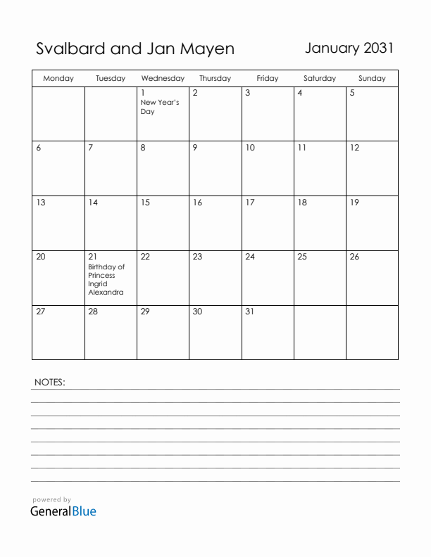 January 2031 Svalbard and Jan Mayen Calendar with Holidays (Monday Start)
