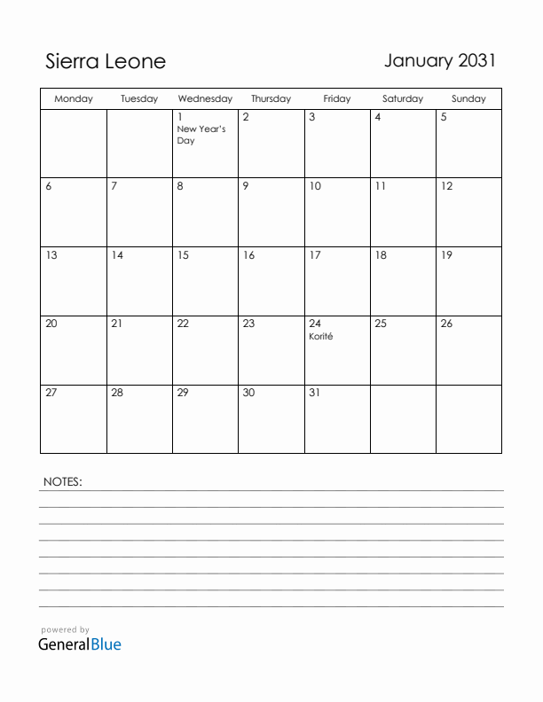 January 2031 Sierra Leone Calendar with Holidays (Monday Start)