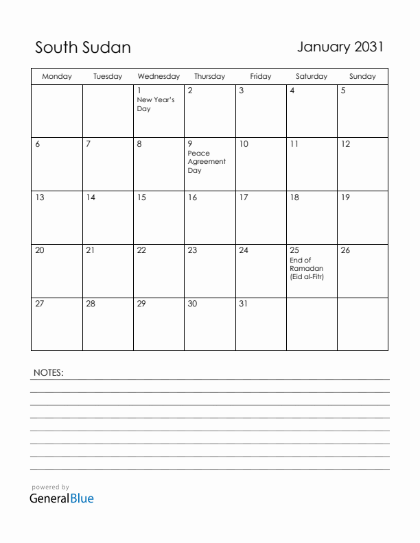 January 2031 South Sudan Calendar with Holidays (Monday Start)