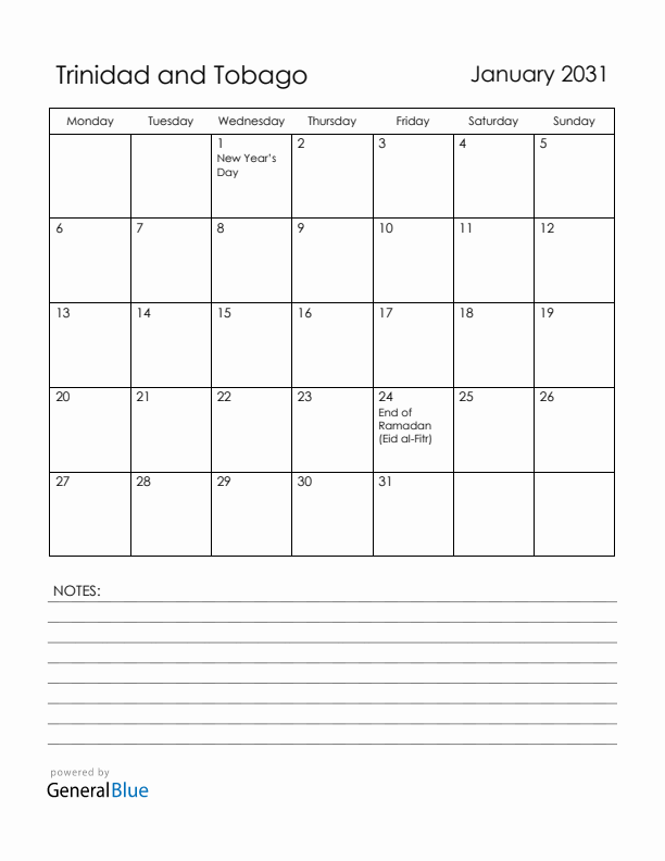 January 2031 Trinidad and Tobago Calendar with Holidays (Monday Start)