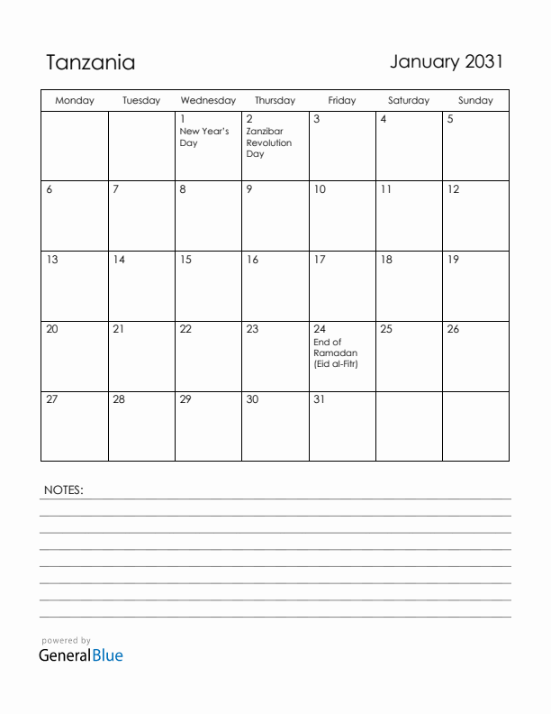 January 2031 Tanzania Calendar with Holidays (Monday Start)
