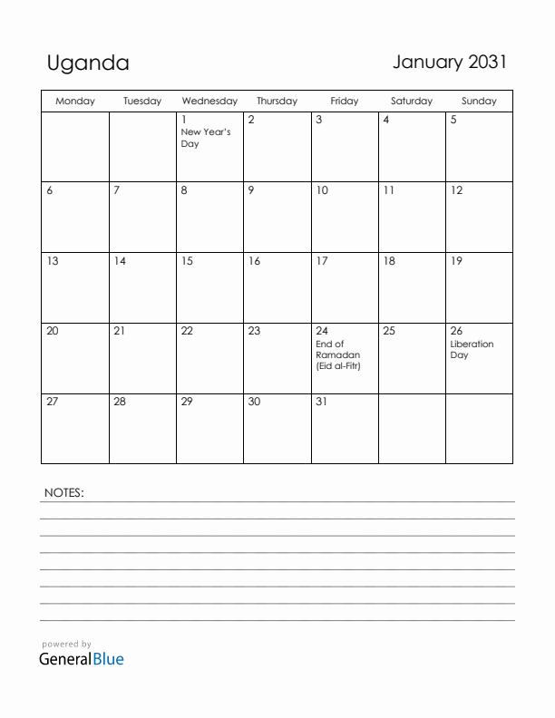 January 2031 Uganda Calendar with Holidays (Monday Start)