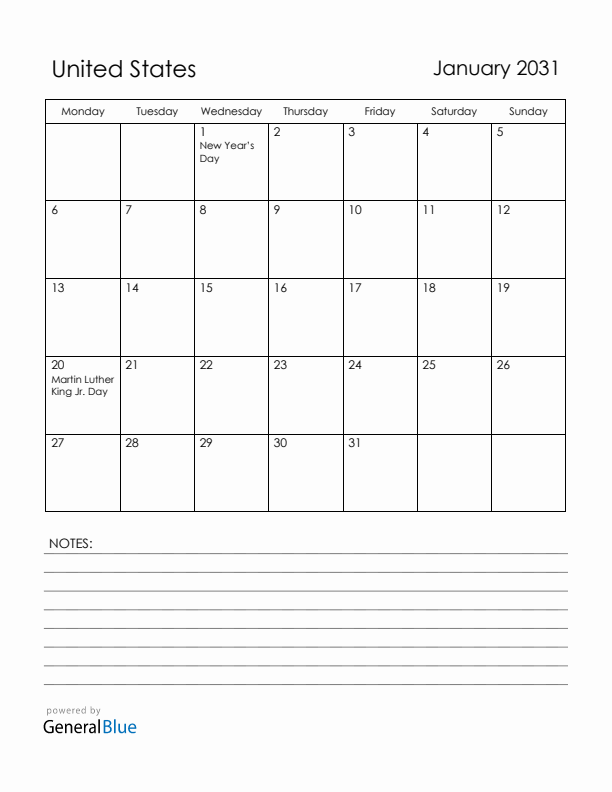 January 2031 United States Calendar with Holidays (Monday Start)