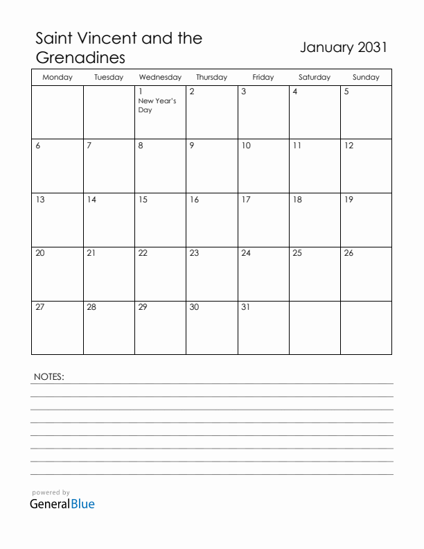 January 2031 Saint Vincent and the Grenadines Calendar with Holidays (Monday Start)