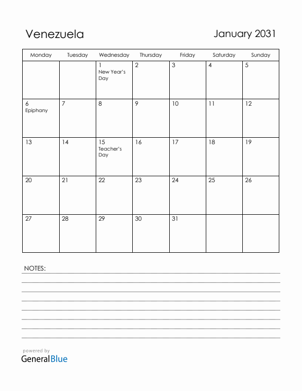 January 2031 Venezuela Calendar with Holidays (Monday Start)