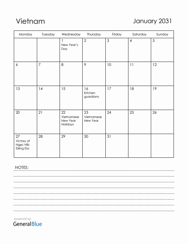 January 2031 Vietnam Calendar with Holidays (Monday Start)